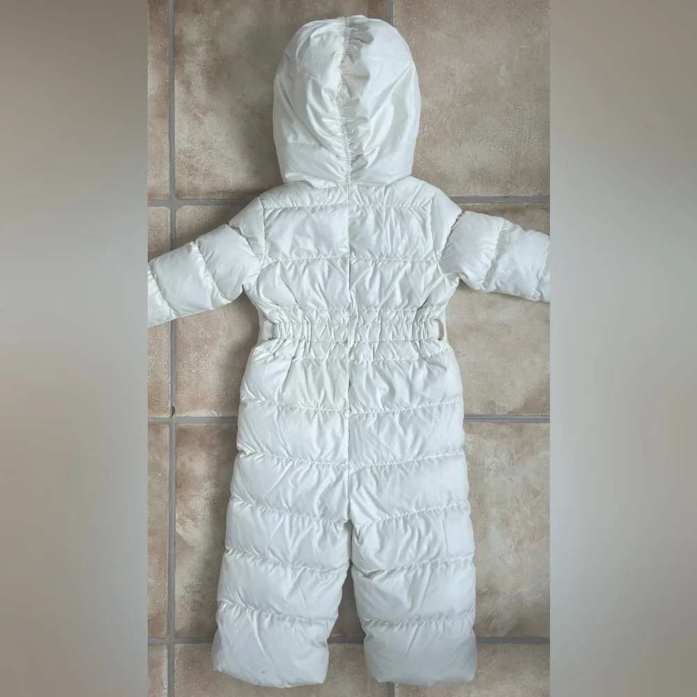 Ralph Lauren white down puffer snowsuit, pockets, lined, hooded; 18 mo